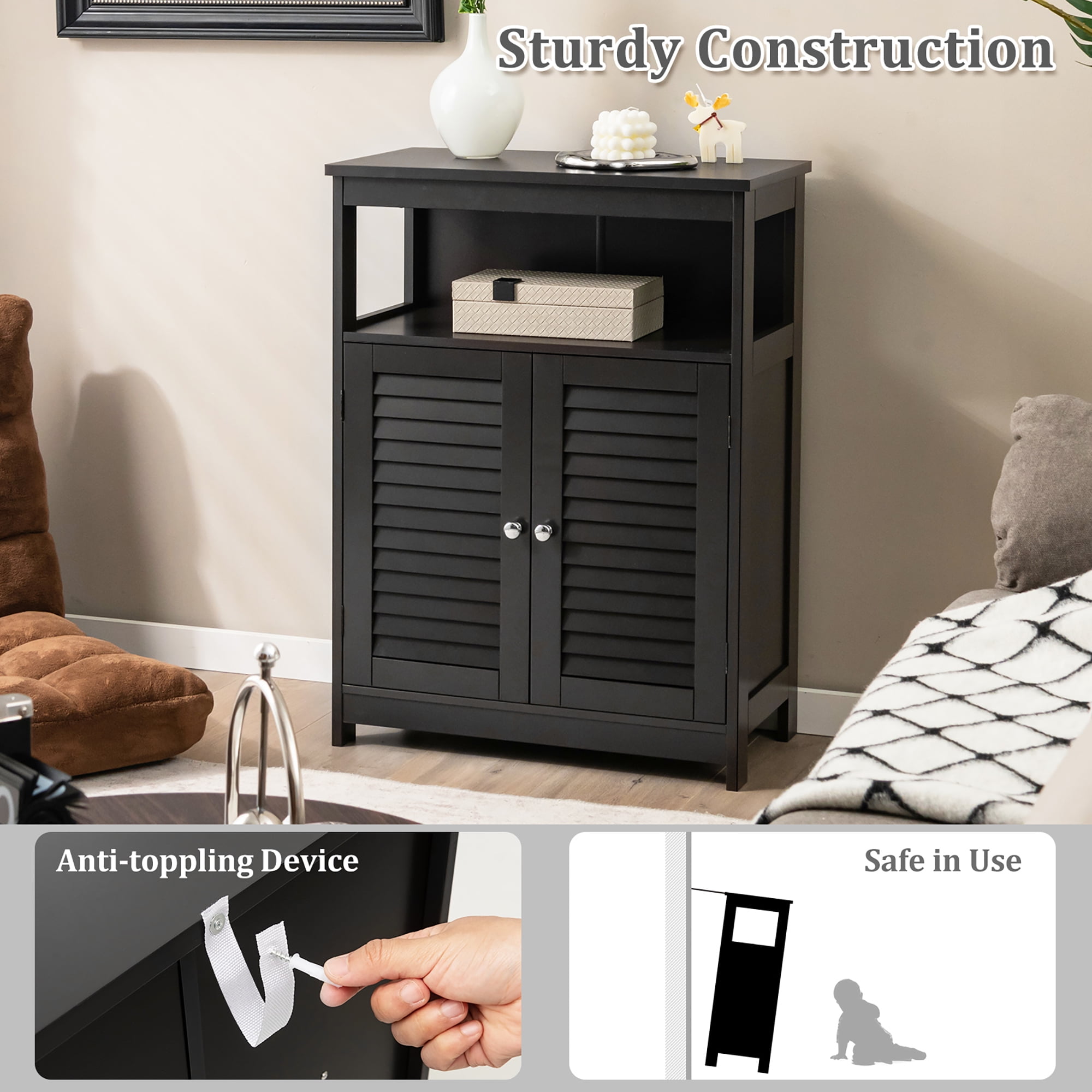 Costway Bathroom Storage Wood Floor Cabinet with Double Shutter Door Black