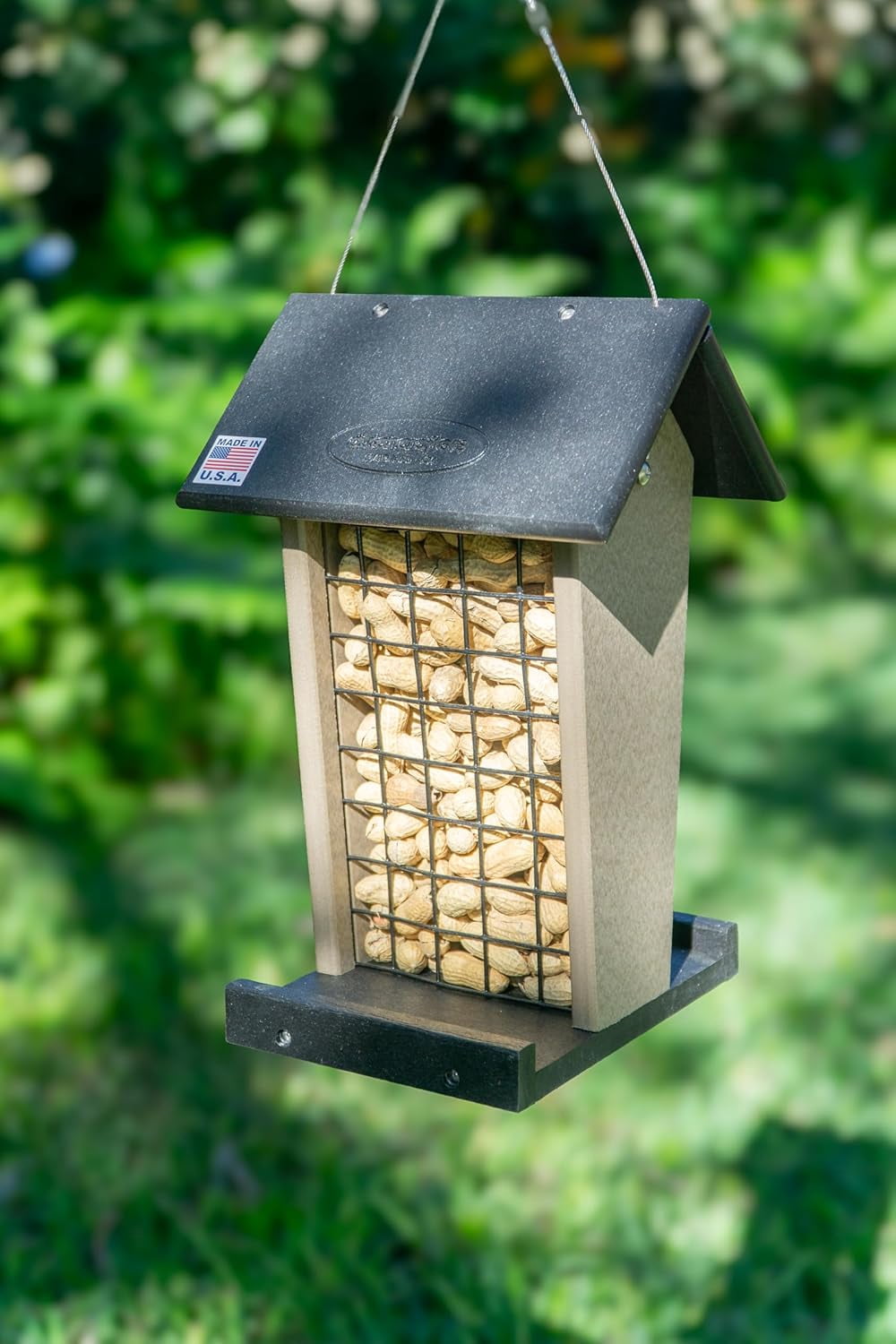 DutchCrafters Plastic Poly Hanging Whole Peanut Bird Feeder for Large Birds, Woodpeckers, Blue Jays for Outdoor, Garden, Yard - USA Amish Made (Black & Weatherwood)