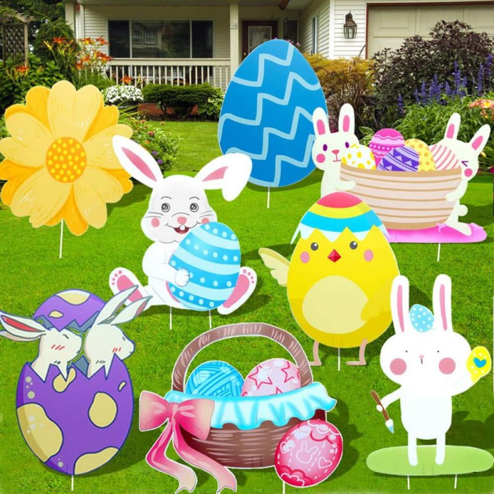 Bunny Chick Corrugated Lawn Yard Signs Decor with Stakes Easter Party Supplies Easter Props Home Garden Decor Home Decor happysdh 8 Pcs Easter Yard Signs Decorations Easter Eggs