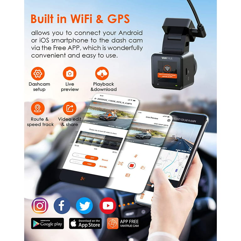 E1 WiFi Mini Dash Cam with GPS and Speed, Voice Control Front Car Dash Camera, 24 Hours Parking Mode, Night Vision, Buffered Motion Detection, APP, Wireless Controller, Support 512GB Max -