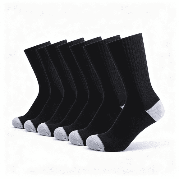 Lohol 6Pack Unisex 100% Cotton Moisture Wicking Cushion Crew Socks (Black)