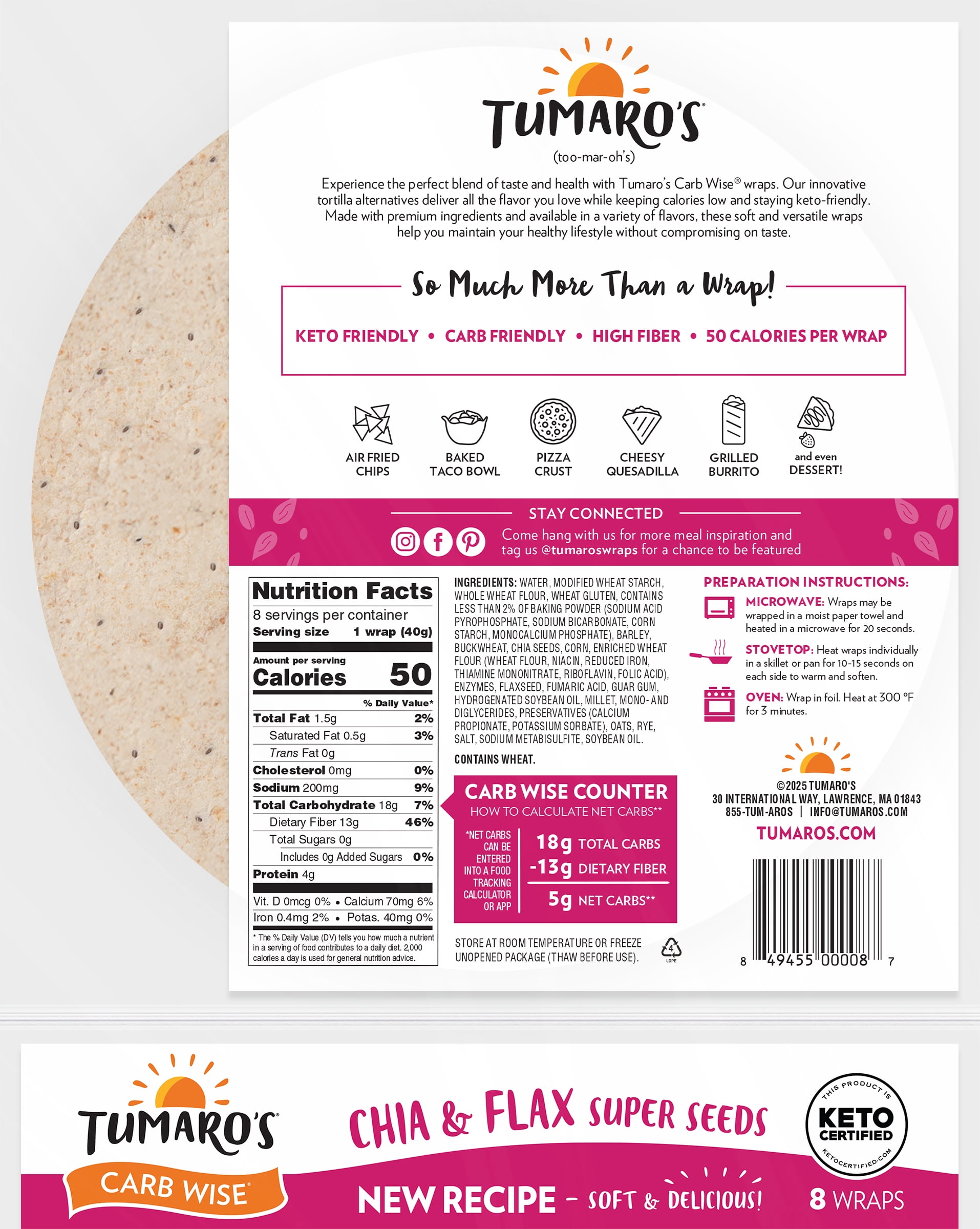 Tumaro's Chia & Flax Super Seeds Carb Wise Wraps, 3 pack, 24 count