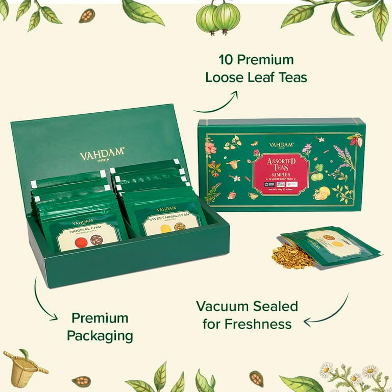 VAHDAM, Assorted Loose Leaf Tea Gift Set (10 Flavors, 100 Gm) Gift Ideas For Women & Men | Herbal Tea, Green Tea, Chai Tea & Black Tea Sampler| Non-GMO, Gluten Free