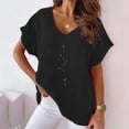 thumbnail image 2 of WREESH Women's Cotton Linen V-Neck T-Shirt Casual Short Sleeve Graphic Tee with Batwing Sleeves Black, 2 of 5