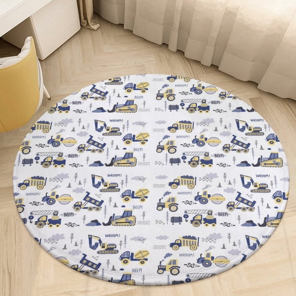 Cartoon Engineering Car Round Area Rugs for Bedroom Living Room, 4FT Soft Indoor Circle Carpets, Carpet Home Decor Floor Mat