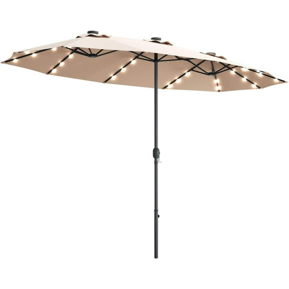AEGFKD 15 Ft Double Sided Patio Umbrella with Solar Lights, Extra Large Rectangle Outdoor Umbrella with 36 LED Lights & Crank Handle for Deck, Poolside, Garden, Backyard (Beige)