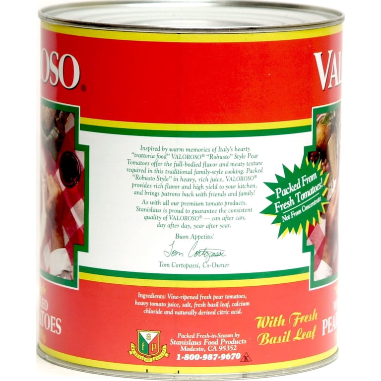 Valoroso Robusto Style Whole Peeled Pear Tomatoes with Basil Leaf