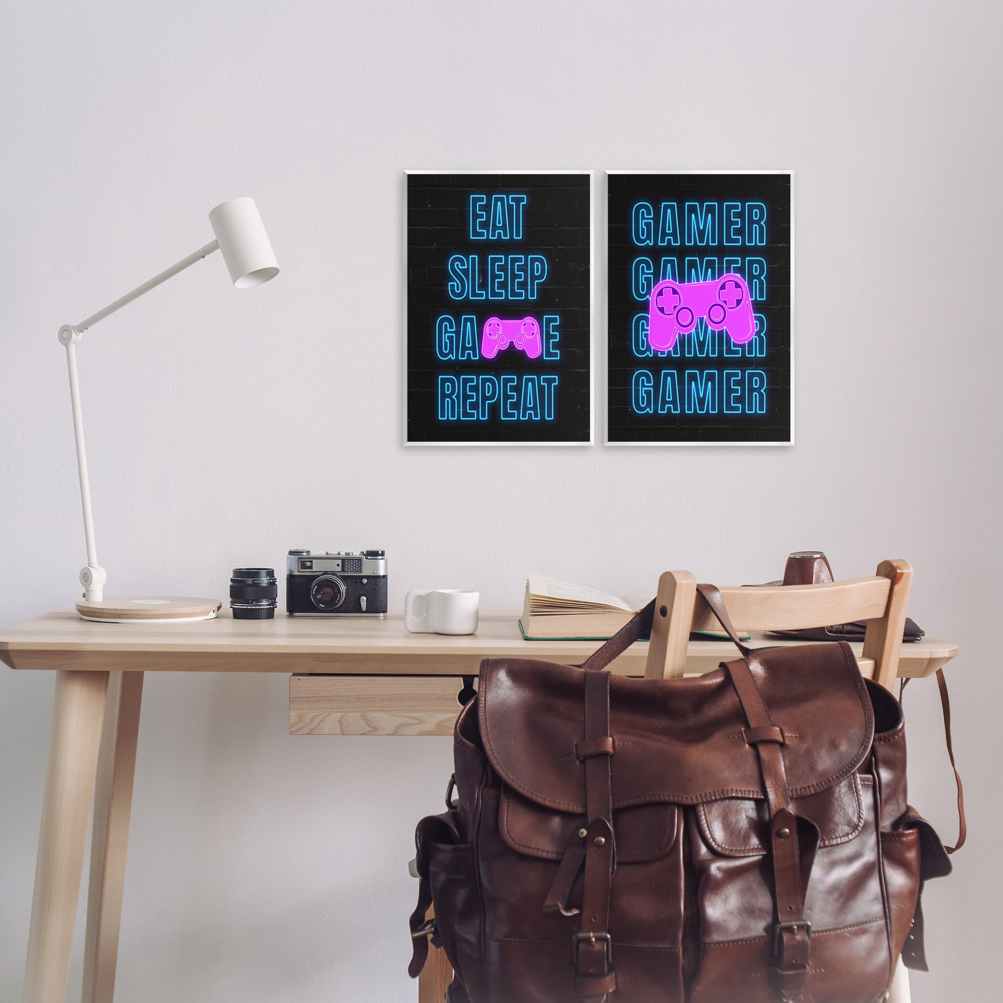 Stupell Industries Neon Gamer Eat Sleep Entertainment Painting Unframed Art Print Wall Art, 11 x 14, Set of 2