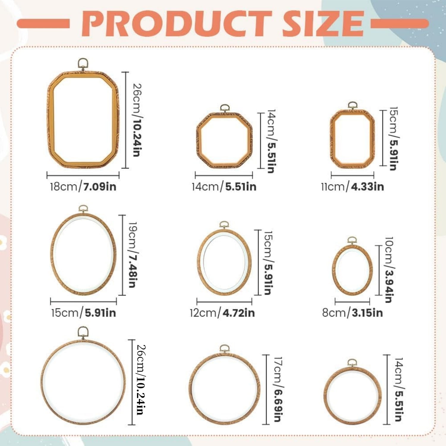 Topboutique 9 Pcs Embroidery Hoop Set Embroidery Frame Decorative Imitated Wood Display Frame Circle Oval Rectangle Octagonal Cross Stitch Hoop Ring Craft Sewing Hoops for DIY Embroidery Projects