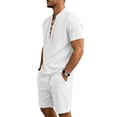thumbnail image 3 of Mens Linen 2 Piece Set Short Sleeve Retro Medieval Viking Lace Up Henley Pirate Shirt and Shorts Summer Distressed Vacation Outfits White, 3 of 8
