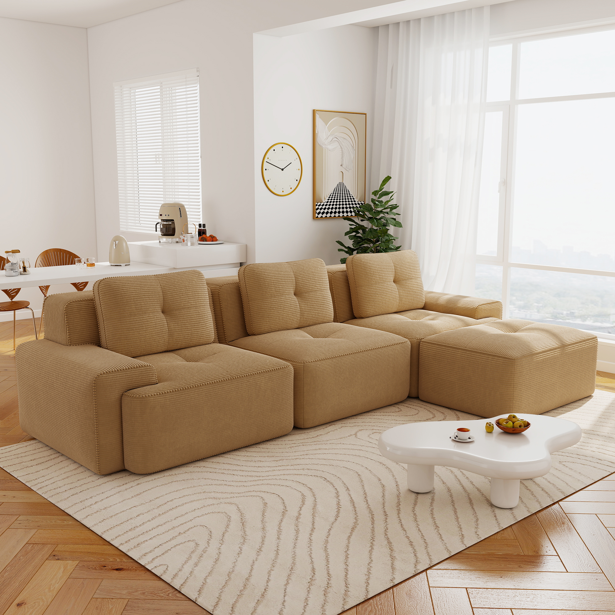 Aukfa Corduroy 4-Piece Modular Sectional Sofa, 93-in Wide Sofa Seat with Ottoman, Tufted Design, Camel