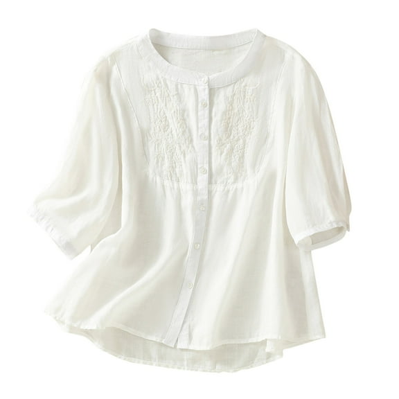 Diufon Women's Cotton Linen Shirts Summer Casual Vintage Embroidered 3/4 Sleeve Button Down Crewneck Tops