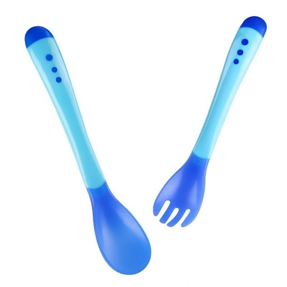 HeeHom 2pcs Baby Spoons Forks Utensils Plastic Infant Feeding Tool Heat Sensitive Kids Toddlers Training Tableware Kit Blue