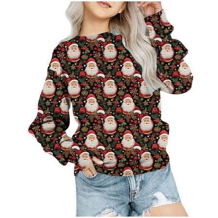 

dazeni Toddler Girls Christmas Sweatshirts Embroidered Jacquard Crewneck Sweatshirts 3D Print Long Sleeve T Shirts Kids Fleece Pullover Tops