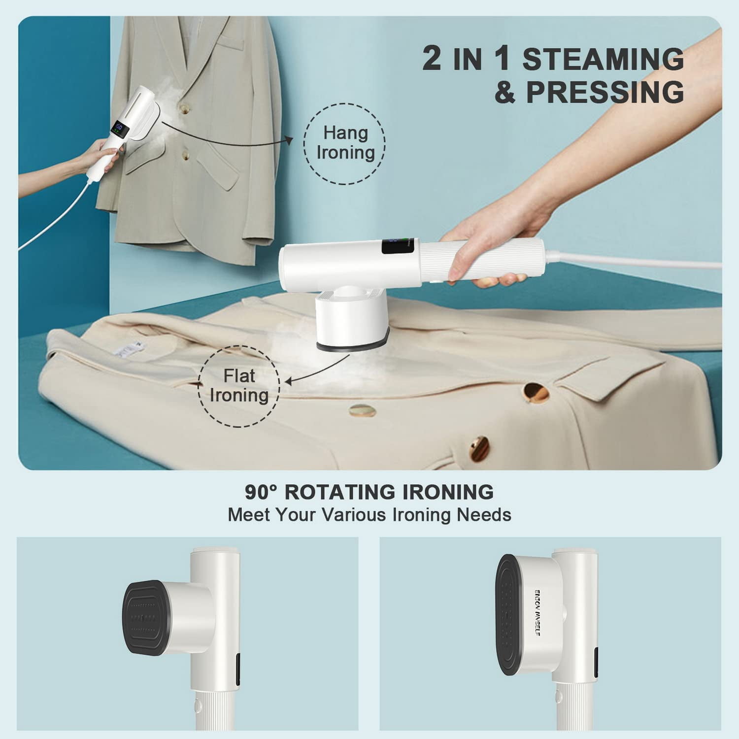 Enjoy Myself 1200W Travel Steamer for Clothes,Both Wet Steam and Dry Iron, White