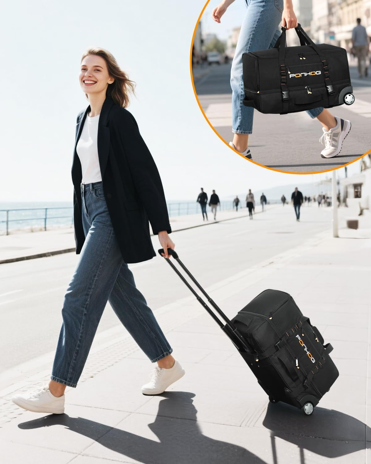 Rolling Duffle Bag with Wheels, 21 Inch Small Travel Duffel Bag with Shoe Compartment, Rolling Wheeled Luggage for Men Women Weekender Overnight Trip, Black