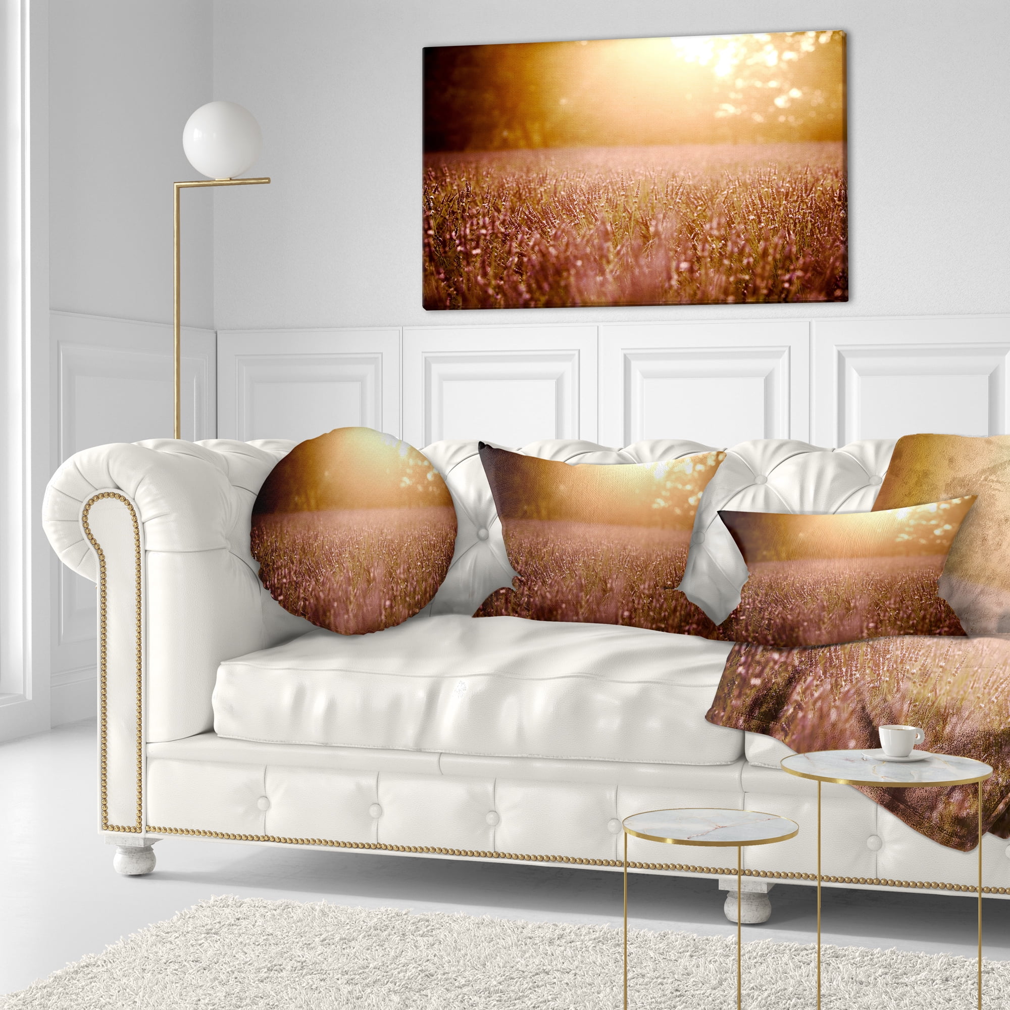 Designart Brown Tinged Lavender Field Sunset - Floral Throw Pillow - 12x20