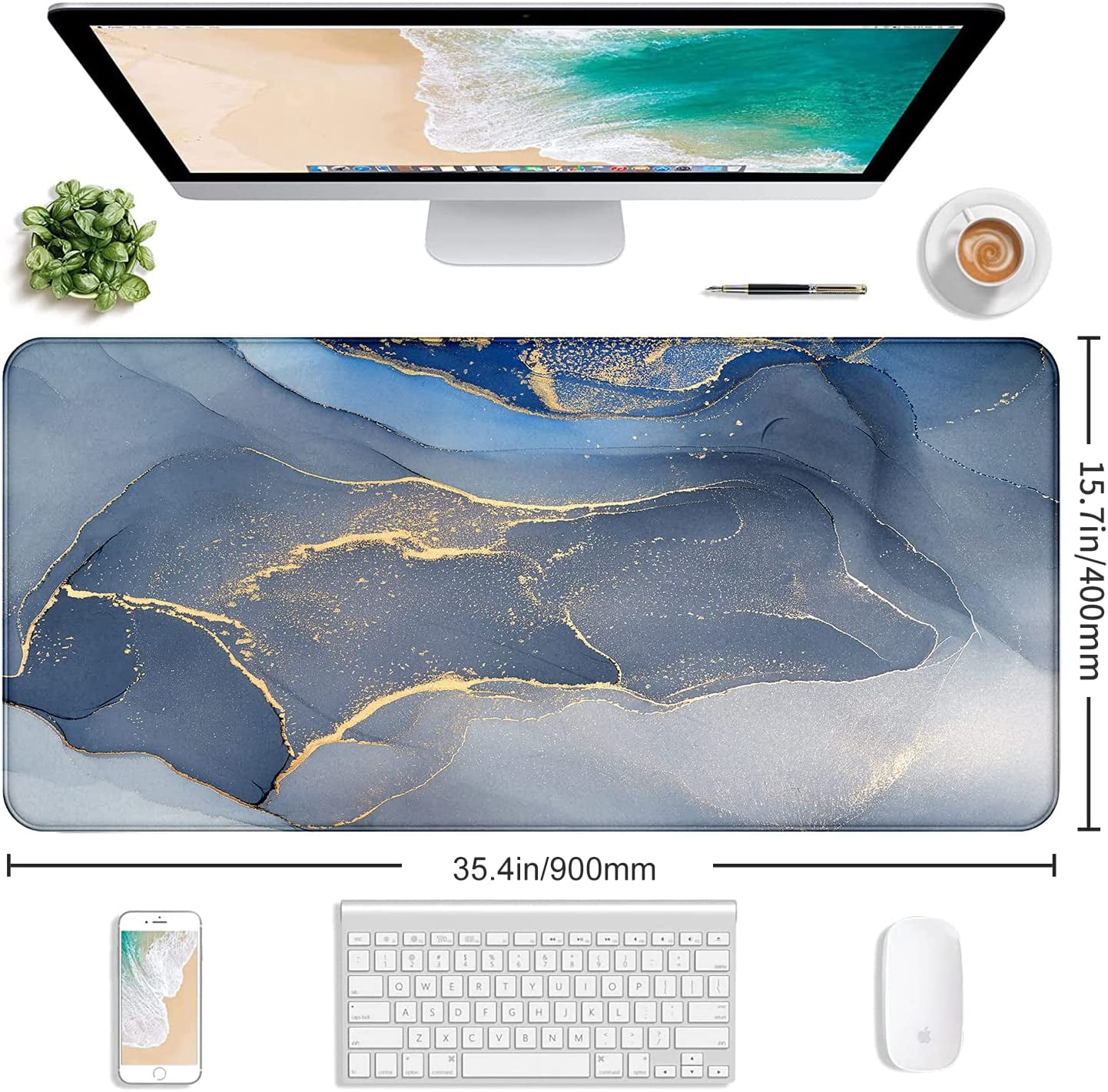 Large Extended Gaming Mouse Pad with Stitched Edges, Non-Slip Waterproof Rubber Base Mouse Pad for Office, Computer, Keyboard, Laptop and Home Desk Pad 35.4 x 15.7 x 0.12 Inch (Grey Blue Marble)