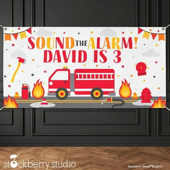 Firetruck Birthday Vinyl Banner Personalized Fire Engine Party Backdrop
