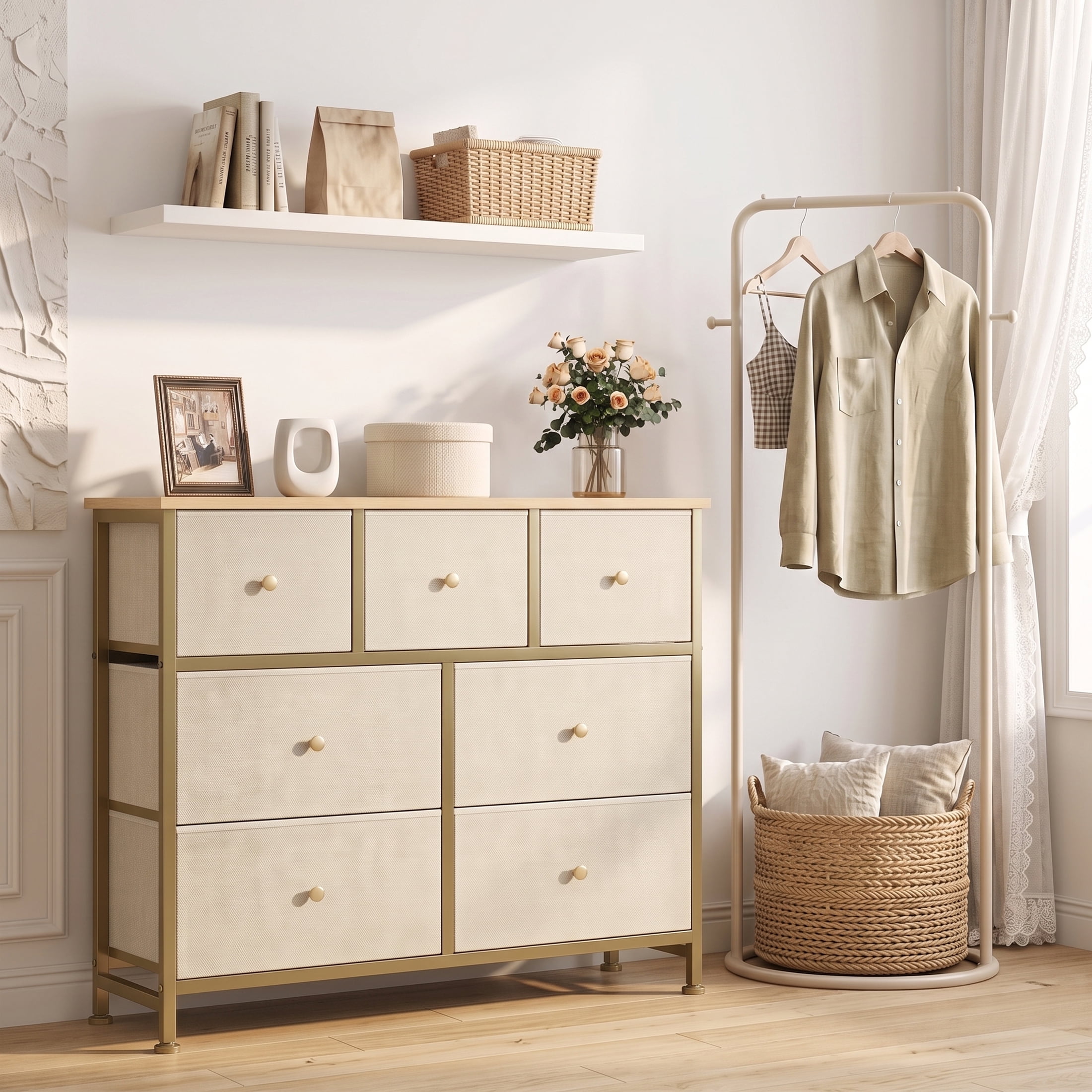 Gianna Chest of Drawers with 7 Fabric Drawers, Drawer Cabinet, Organization Furniture for Kitchen, Office, Hallway, Khaki