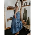 thumbnail image 3 of Womens Medium Wash High Waisted Tiered Denim Maxi Skirt Vintage A-Line Swing Jean Skirt With Pockets Casual Boho Style, 3 of 4