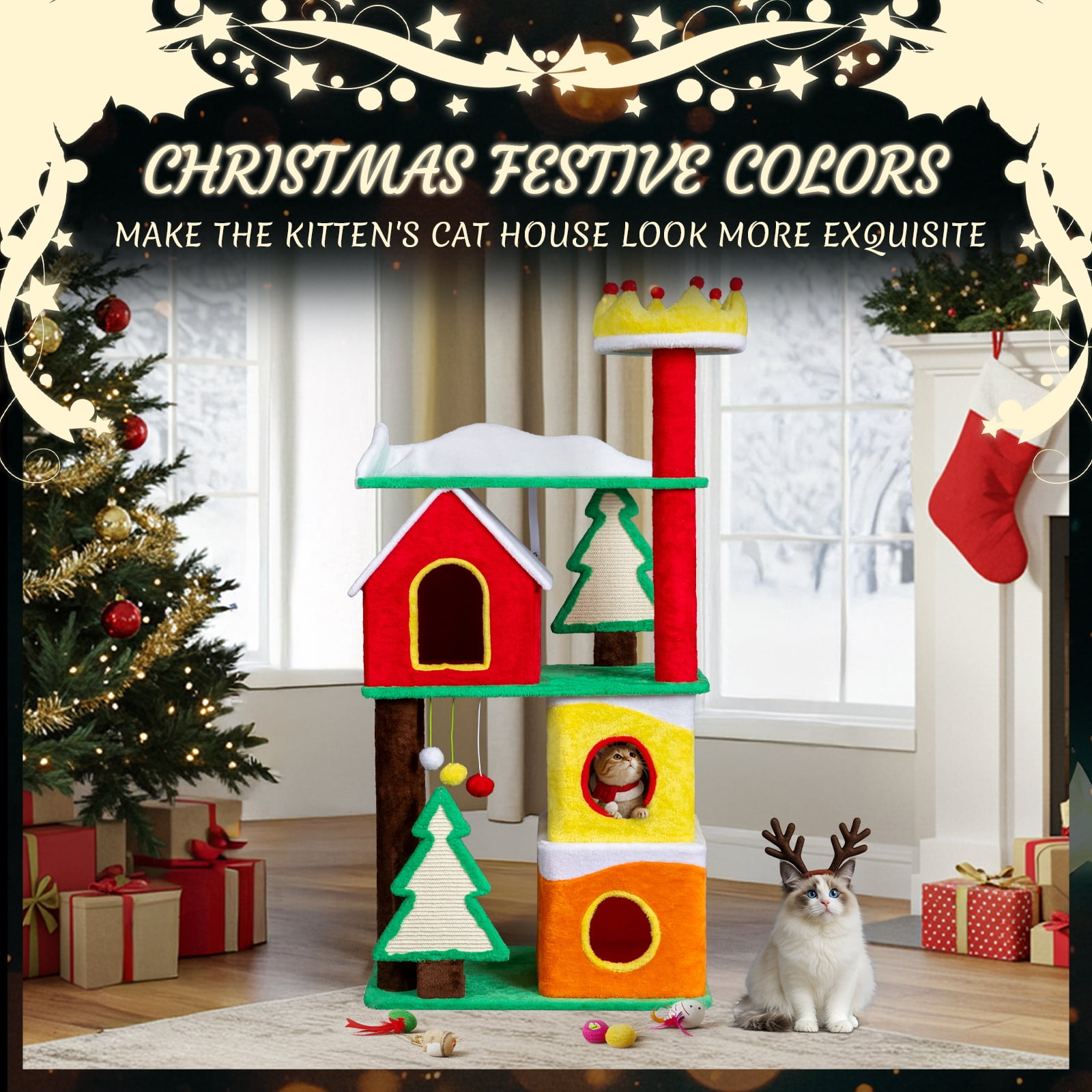 Zimtown Christmas Themed Cat Tree, 56in Multi-Level Tower with Condos, Crown Perch & Sisal Scratching Surfaces
