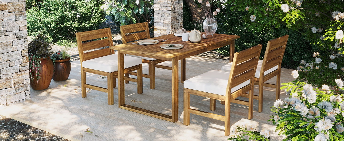Mintazer 59" 5-Piece Outdoor Dining Set with Chairs & Cushioned, Farmhouse Patio Furniture Set for Garden Backyard Poolside, Brown & Beige