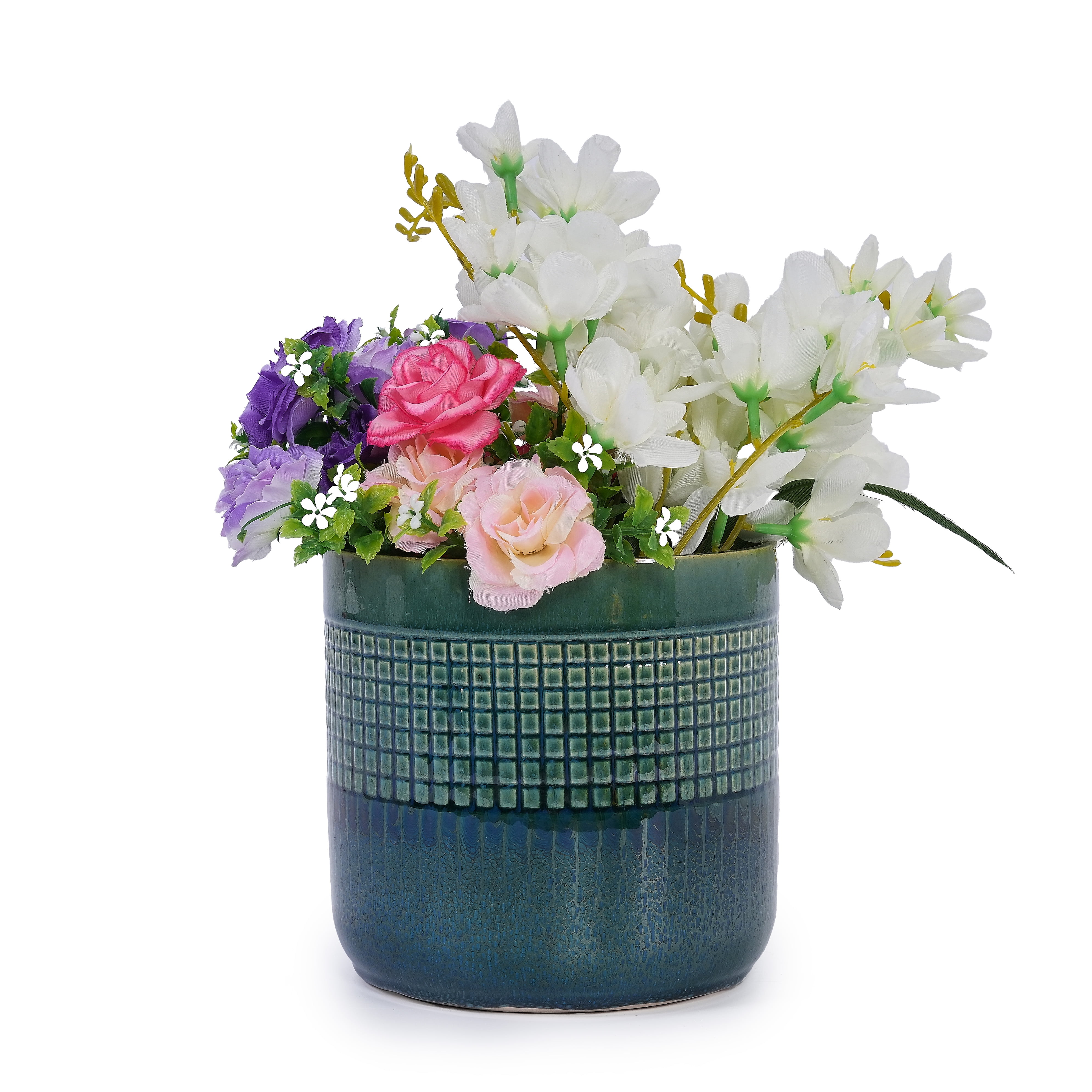 MAYEERTY 3 Pack Grid Ceramic Planter Pot, Planter for Indoor Outdoor Patio, Garden, Blue Green