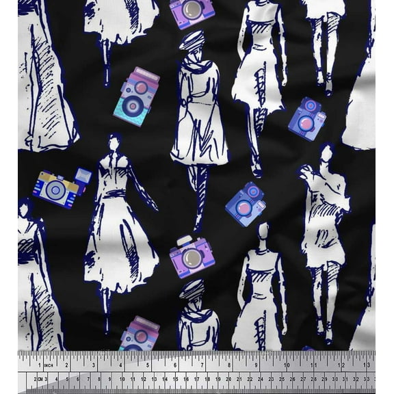 Soimoi Cotton Duck Fabric Women & Camera Fashion Printed Fabric 1 Yard 42 Inch Wide