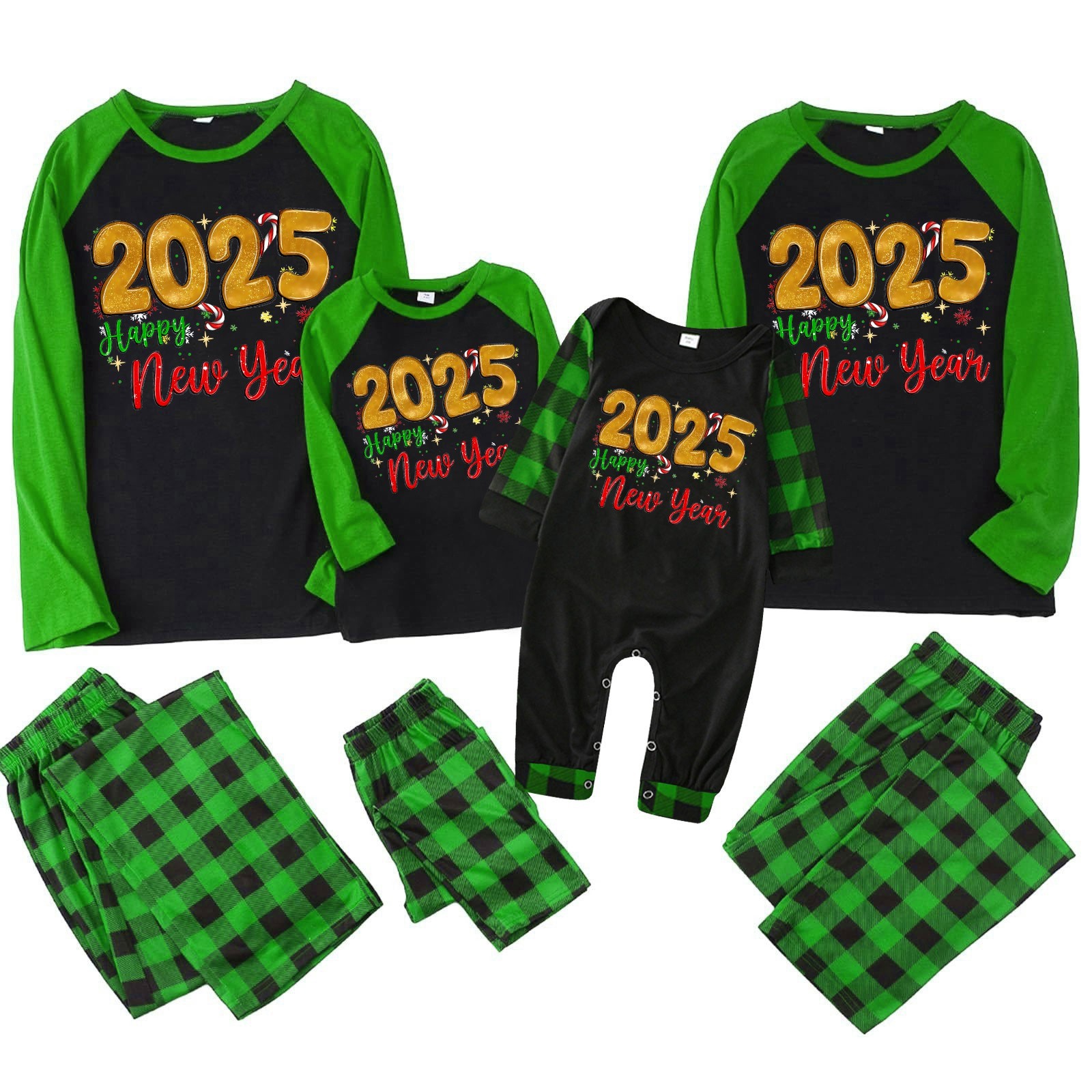 2025 Happy New Year Pajamas Set for Kids Green Long Sleeve Top and