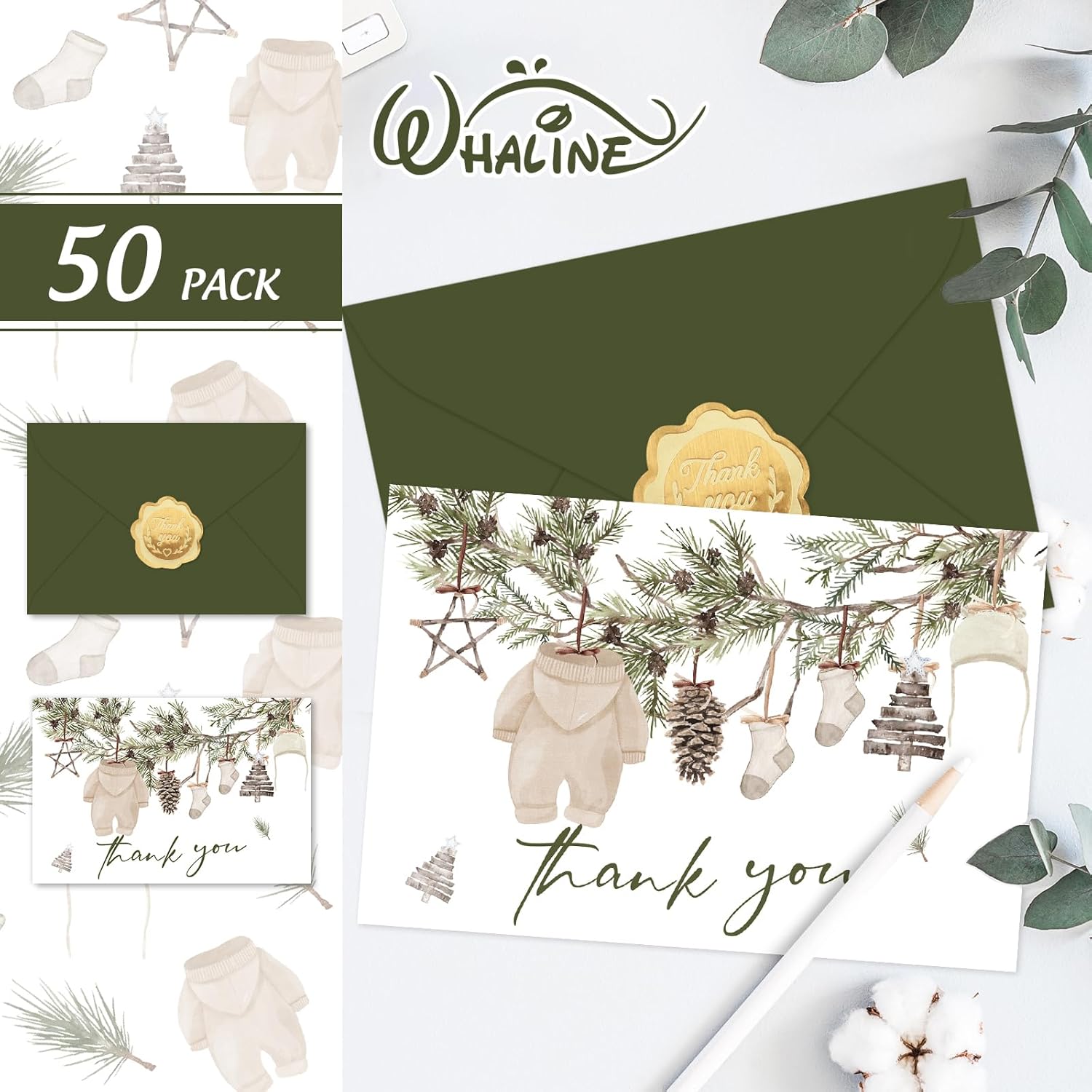 50 Pack Christmas Baby Shower Thank You Cards Bulk Boxed Winter Blank Note Cards with Envelope Stickers Winter Pine Cone Branch Baby Cloth Greeting Card for Birthday Boys