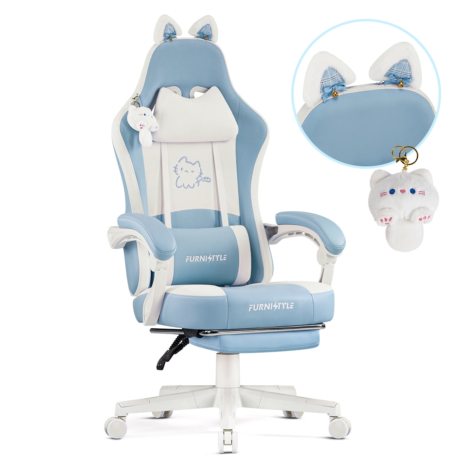 Falvinoryn Cute Gaming Chair, Ergonomic Computer Chair with Cat Ears for Girl, Lumbar Support and Headrest, Reclining Game Chair with Footrest. Blue