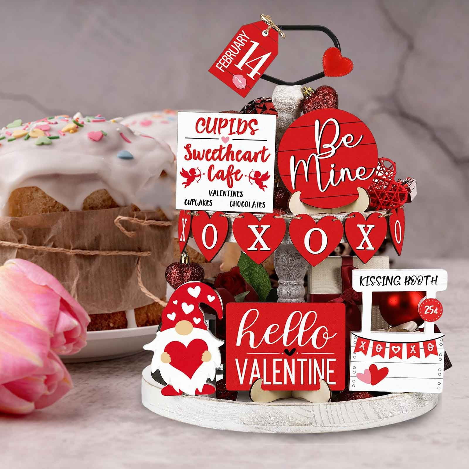 Bjutir Valentine'S Day Tiered Tray Decor Valentine'S Day Table Wooden Sign Decorations Tabletop Farmhouse Coffee Heart Decor Signs For Valentine'S Day Gift Party Home Kitchen Holiday Supplies