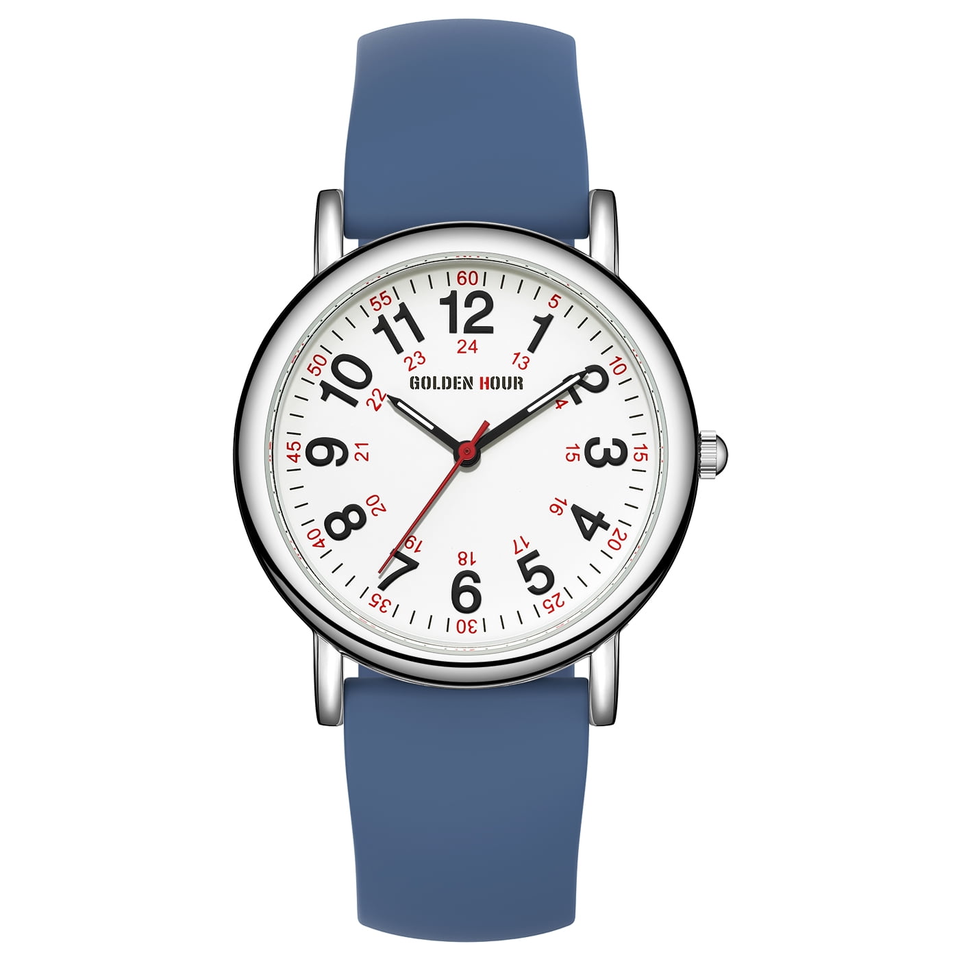GOLDEN HOUR Waterproof Nurse Watch for Medical Professionals, Students Women Men - Military Time Luminouse Easy Read Dial, 24 Hour with Second Hand, Colorful Silicone Band