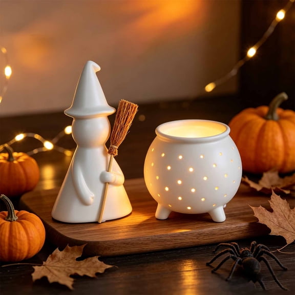Halloween Indoor Decor 5.91 Inch White Ceramic Gnome Witch Figurine with Broom Stick for Home Mantel Tabletop Shelf Living Room