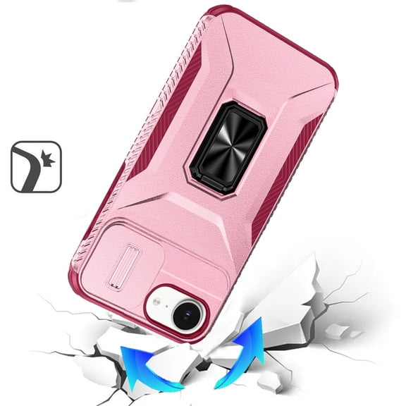 For Apple iPhone 16e Case, Camera Cover with Magnetic Rotation Ring Stand, Military Grade Hybrid Hard TPU Shockproof Cover, XPM Phone Case [Pink]