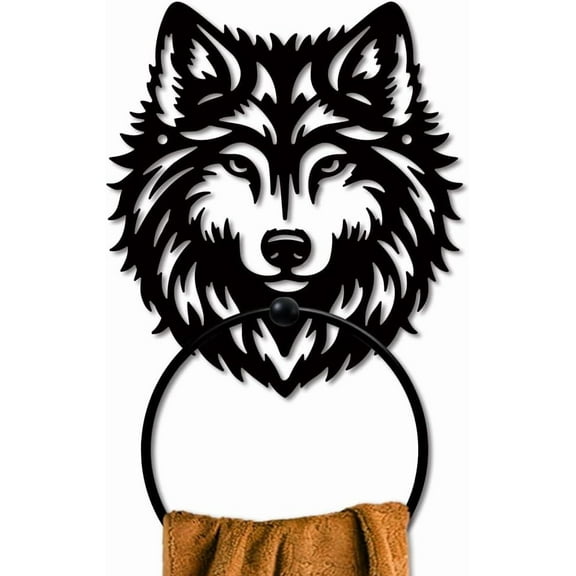 1 pc Wolf Metal Towel Ring Animal Theme Bath Towel Ring Wolf Wildlife Towel Holder Wall Mounted Black Art Towel Rack for Bathroom Kitchen Towel Hanger Home Decors Gift