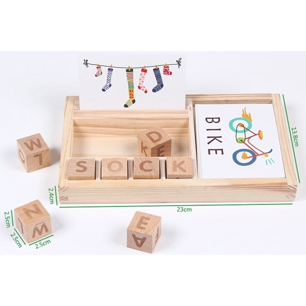Blocs de Casse-Tête en Bois Jeu d'Orthographe Cubes Jouets d'Appariement de Mots pour Enfant Apprendre l'Anglais Boîte Cadeau Colorée Design