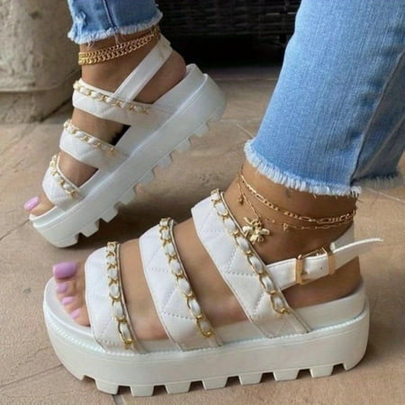 

Women‘s Platform Metal Chain Sandals Open Toe Buckle Strap Non Slip Shoes Casual Solid Color Sandals