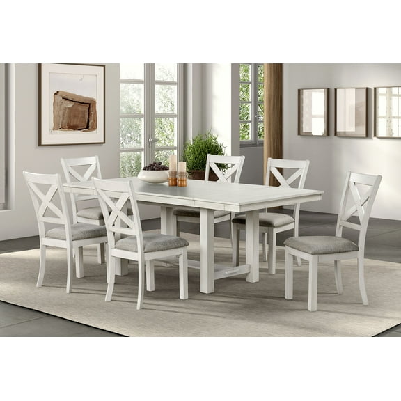 Classic Beautiful White 7pc Dining Set Rustic Farmhouse Table 6x Side Chairs Cushion Seat Plank Style Table Top Dining Room