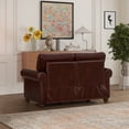 thumbnail image 3 of PU Leather 2 Seater Soft Chair with Nailhead Trim, Classic Couch with Brown Wooden Legs and Thick Cushion, Burgundy Faux Leather Loveseat Sofa for Living Room, Office, Apartment, 3 of 7