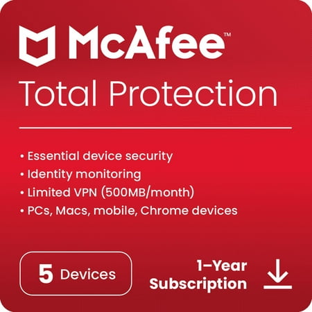 McAfee® Total Protection Antivirus & Internet Security Software for 5 Devices (Windows®/Mac®/Android/iOS/ChromeOS), 1-Year Subscription, [Digital Download]