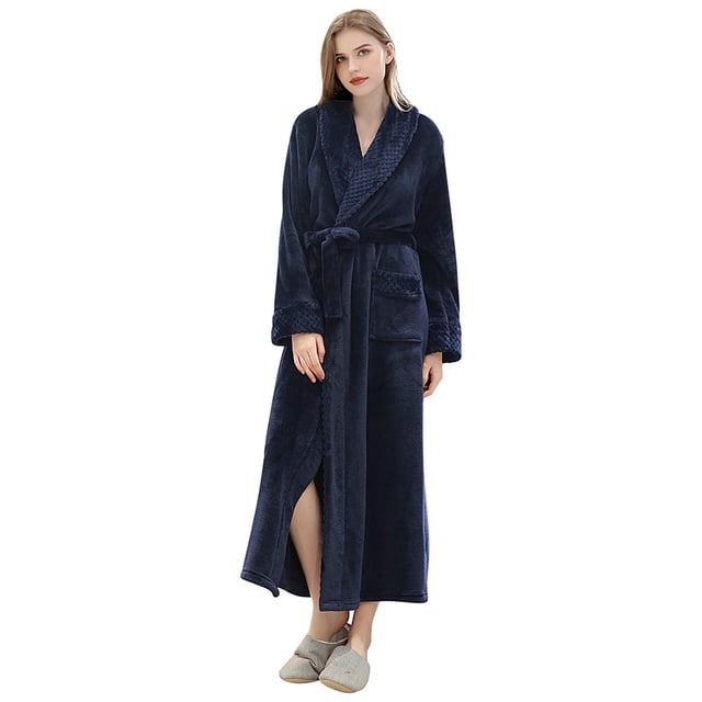 WZXFASHION Women's Winter Solid Color Lengthened Bathrobe Splicing Home Clothes Long Sleeved Robe Coat Intimates Navy M