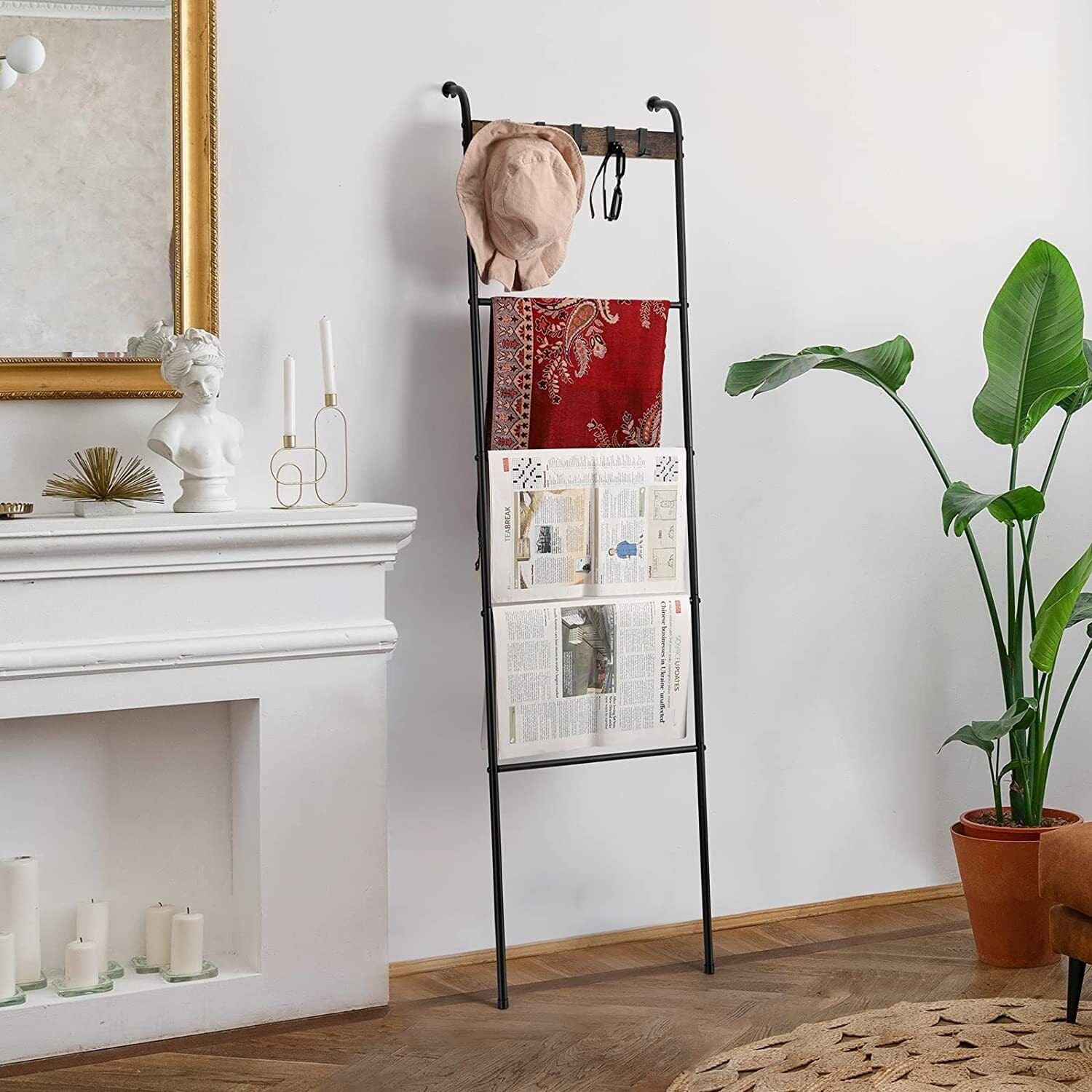 Metal 5 Tiers Blanket Ladder Holder Wall Leaning Towel Rack with Hooks