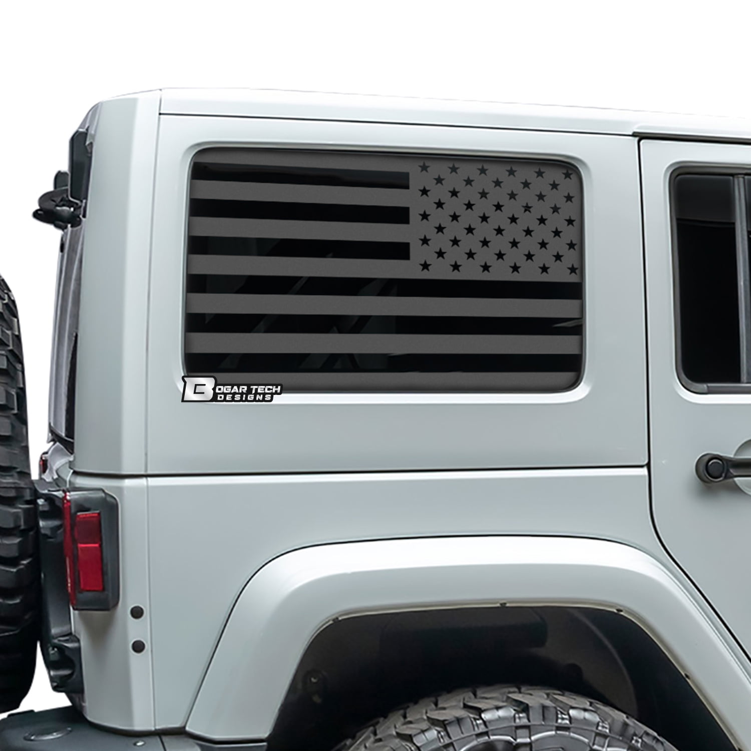 Bogar Tech Designs Precut American Flag Rear Side Window Decal Stickers  Compatible with and Fits 4 Door Jeep Wrangler JK JKU 2007-2018, Matte Black  