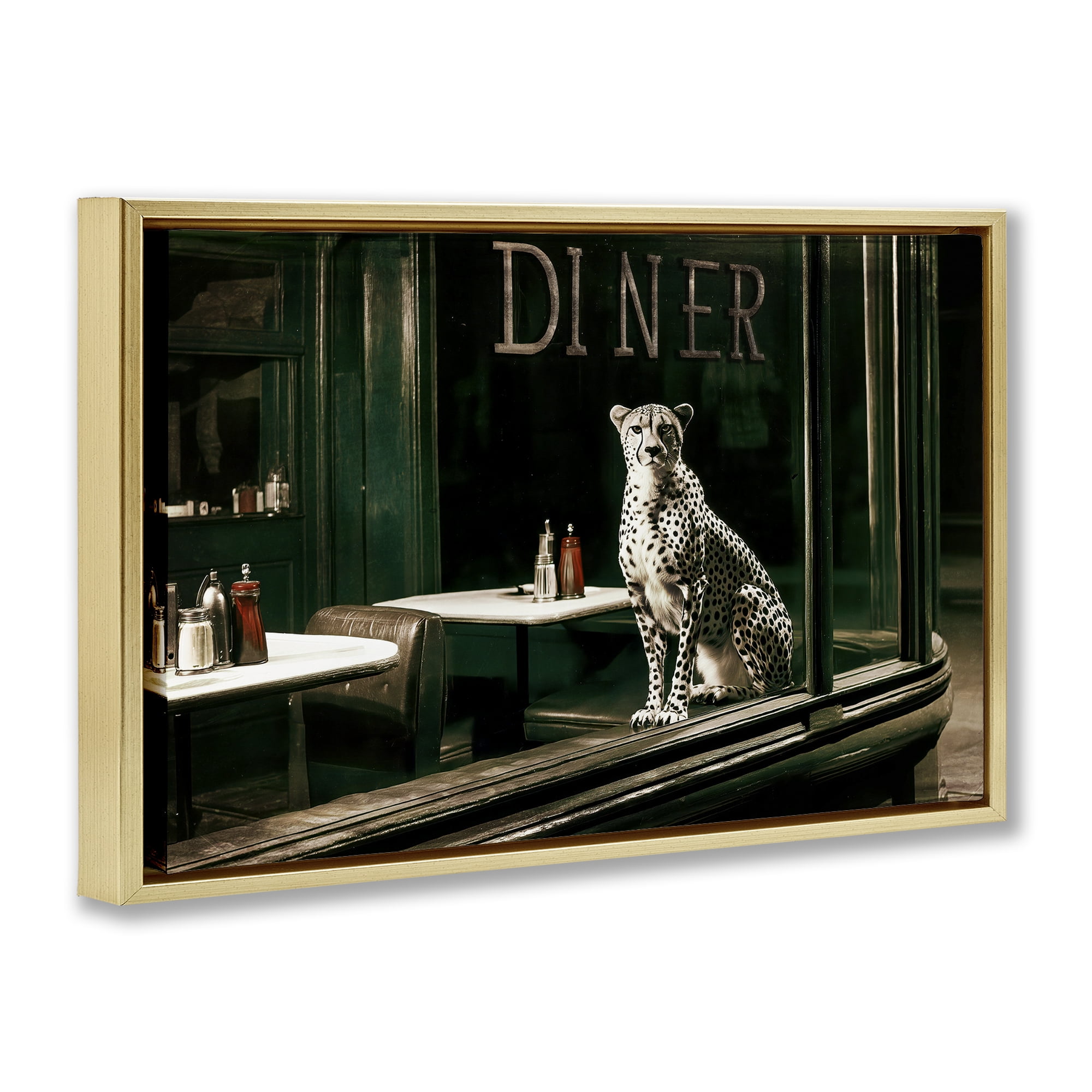 Stupell Industries Diner Sentry Leopard Gold Framed Floater Canvas Wall Art, design by Annabelle Hall