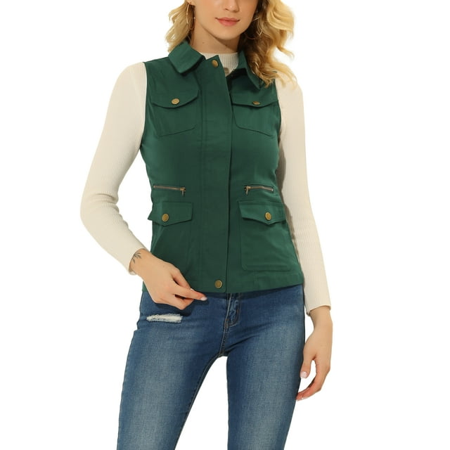 INSPIRE CHIC Veste Zippée pour Femme Sans Manches Anorak Gilet Utilitaire Veste avec Poches TP Vert Foncé