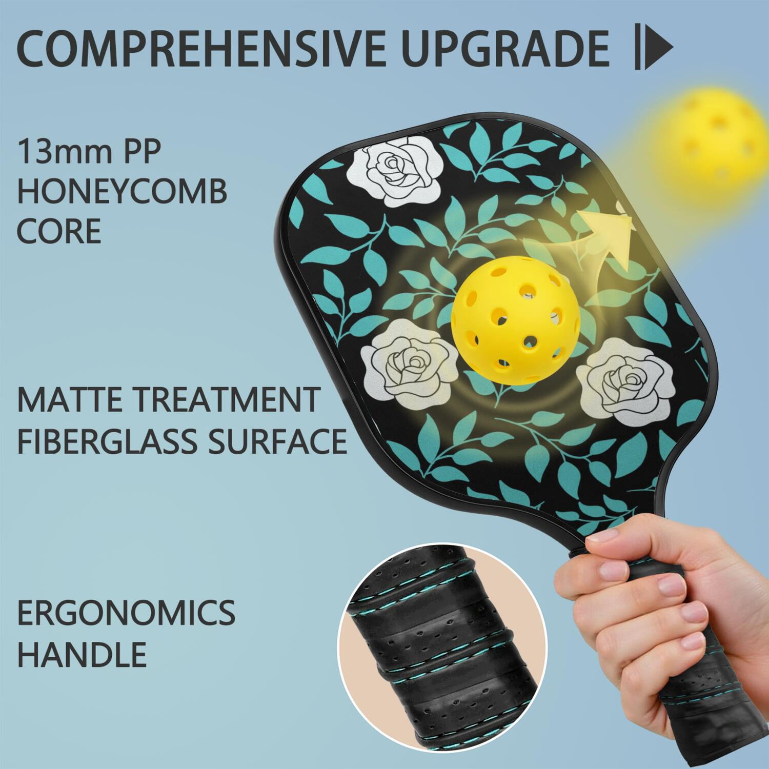 Pickleball Paddles Set Of 1, Fiberglass Surface, Rose Flowers Print, 1 Paddle, 2 Balls & Bag