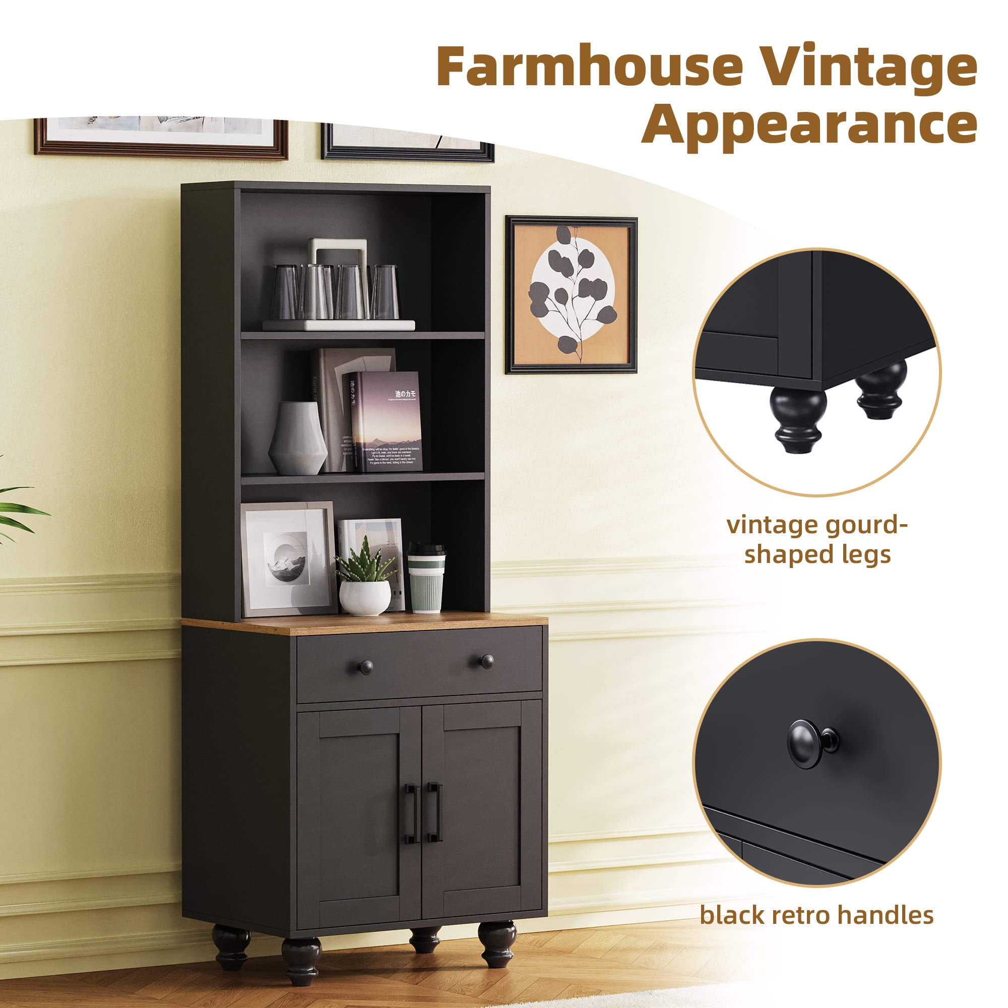 Leumius 63" Farmhouse Tall Kitchen Pantry,5 Layers Storage Cabinet with Adjustable Shelves,Modern Pantry Cabinet with Drawer for Kitchen, Dining Room, Bathroom, Living Room,Black