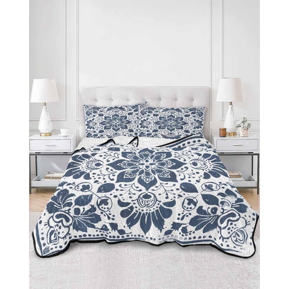 Quilts Twin XL Size, Blue Floral Soft Comforter Bedding Set for Bed, Ethnic Boho Botanical Geometric Art Lightweight Quilted Bedspread with Pillow Cover(2 Pieces) for All Season, 68x98 Inch
